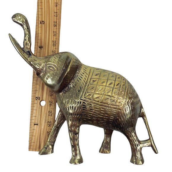 Solid Brass Elephant Sculpture 5" Figurine Trunk Up Good Luck Nice Detail - Picture 12 of 12
